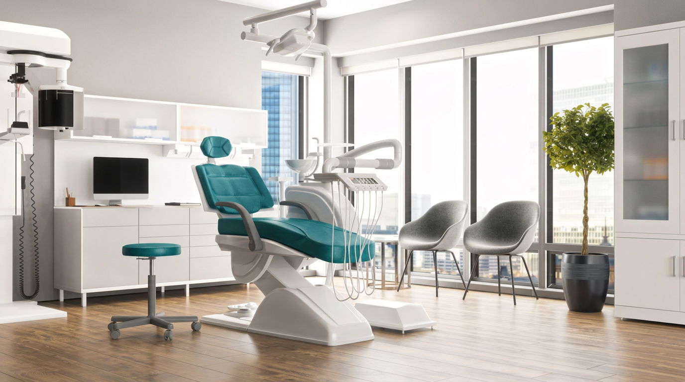 Modern treatment room at Lagos Smile Institute with a teal dental chair and city view
